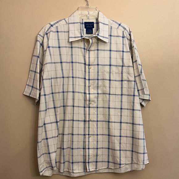 TownCraft Wrinkle Free Cream, Tan, Blue Plaid short sleeve Button Down Shirt XL - Picture 1 of 4